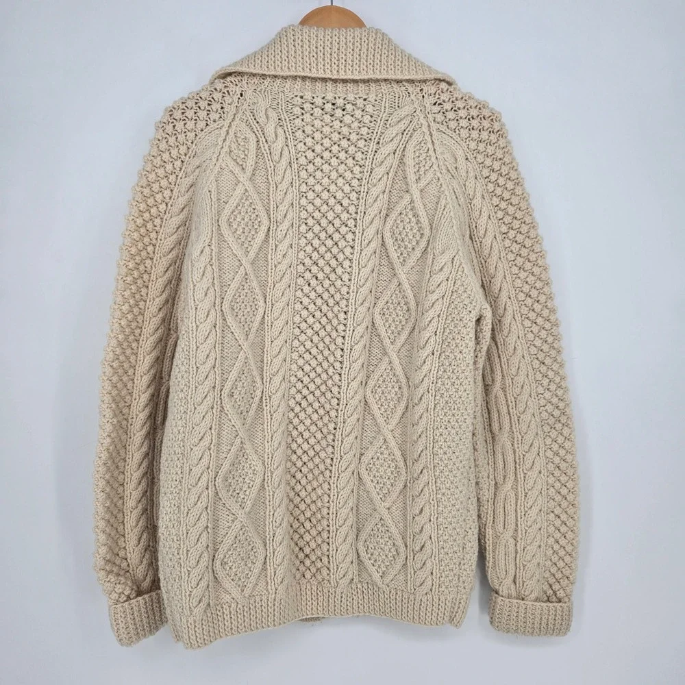 Vintage Womens M-L 100% Wool Irish Aran Sweater Cardigan Hat Combo‎ Cable Knit